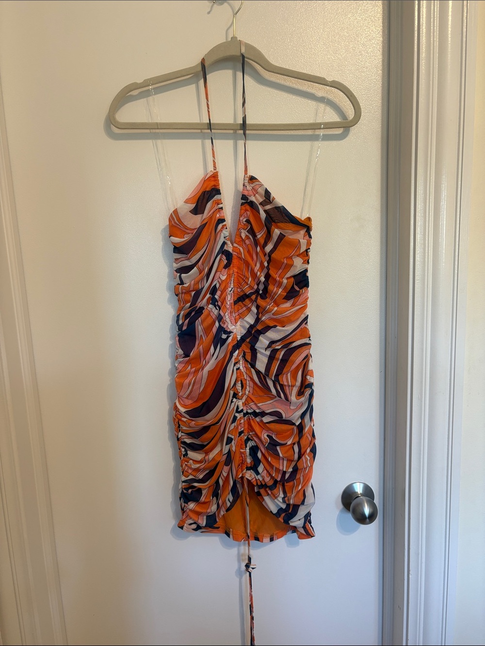 Princess Polly Orange and Navy Swirl Ruched Halter Mini Dress